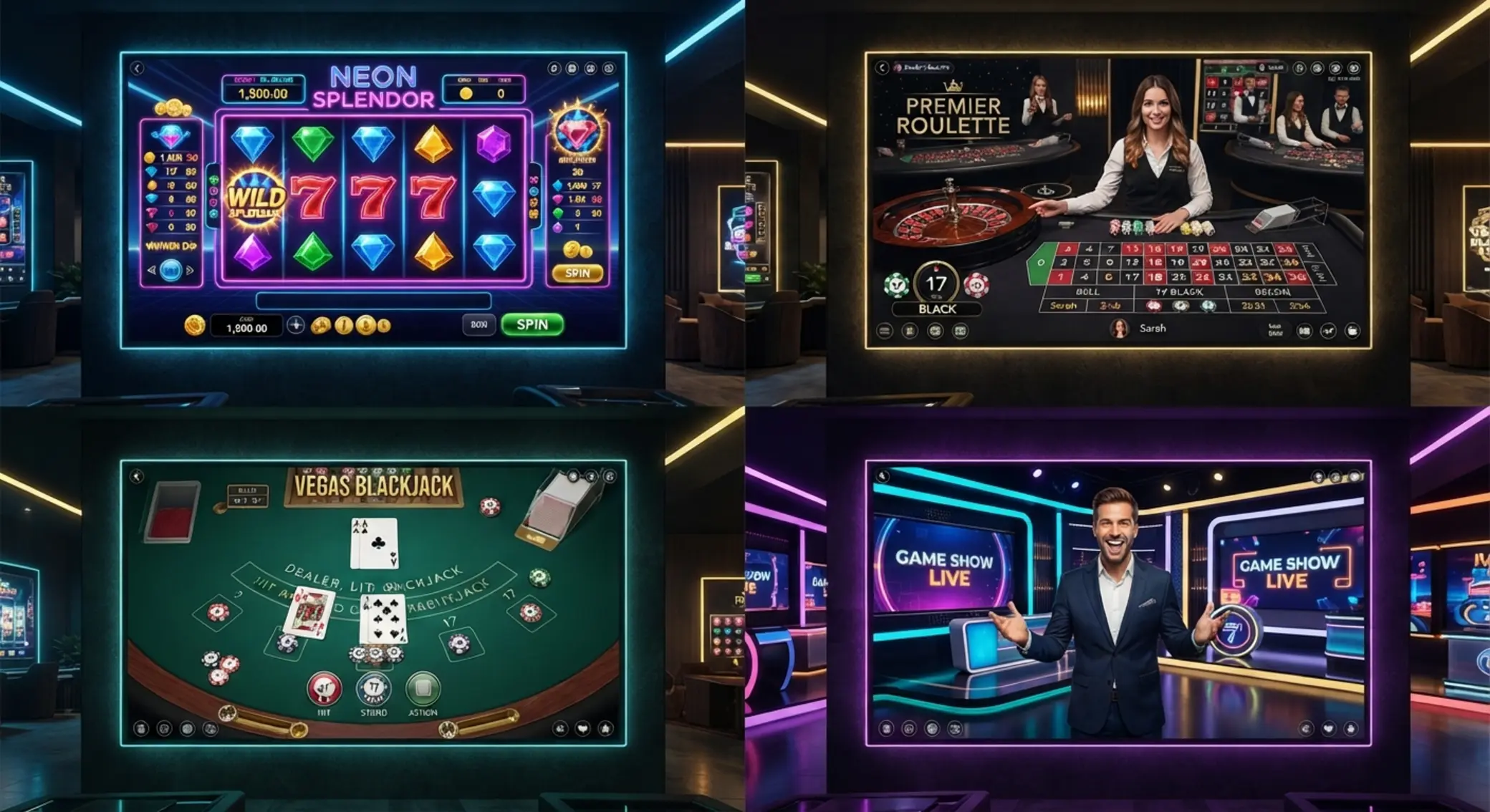 Přehled hlavních kategorií 69 casino games na jedné koláži