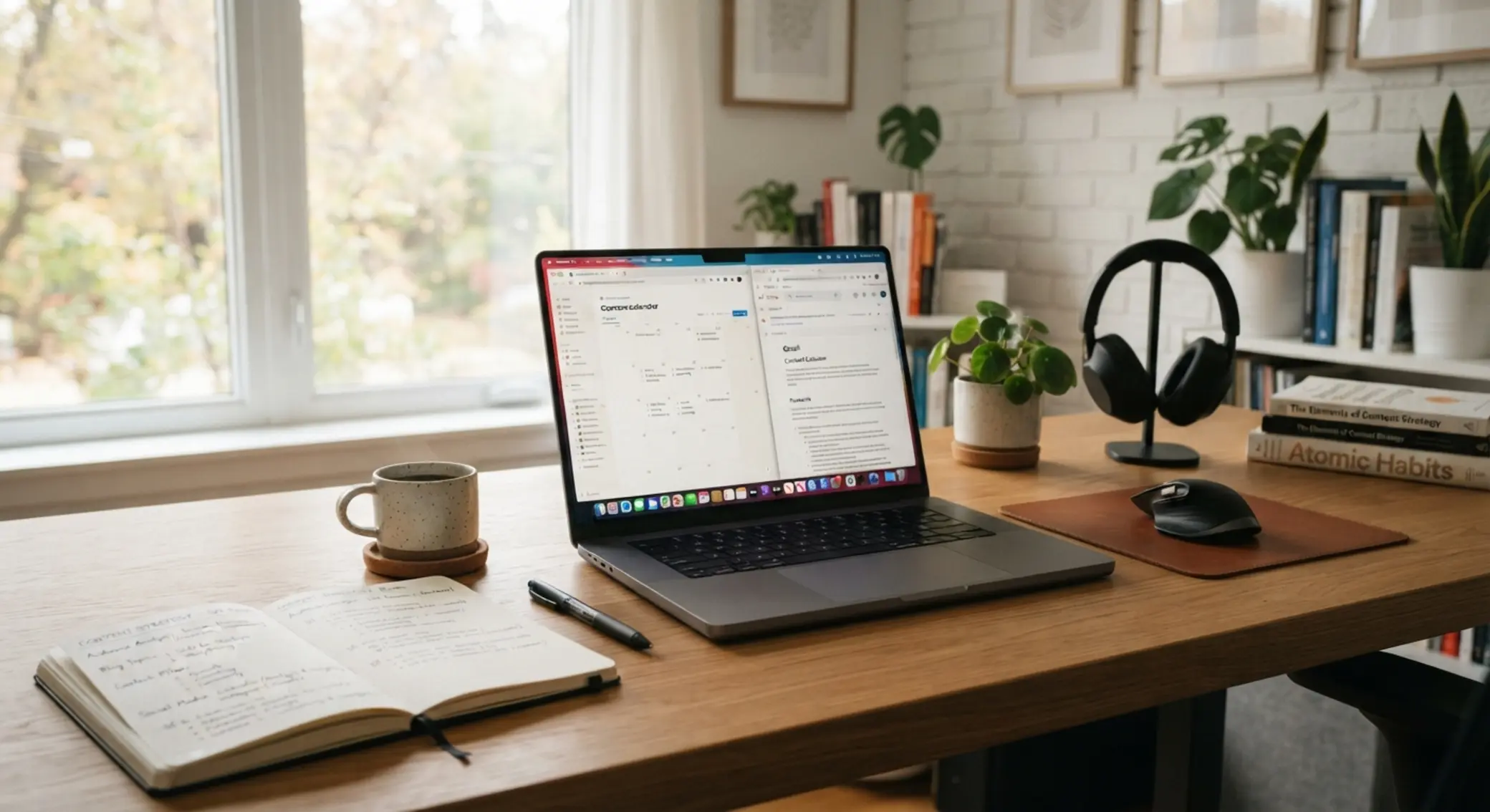 Pracovní stůl autora s notebookem, poznámkami a kávou
