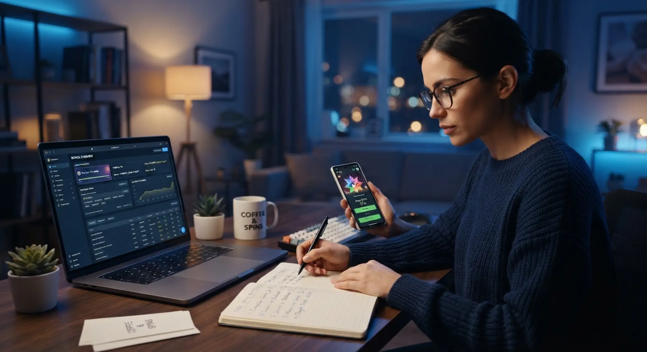 Hráč sleduje přehled bonusů a free spinů na notebooku a mobilu