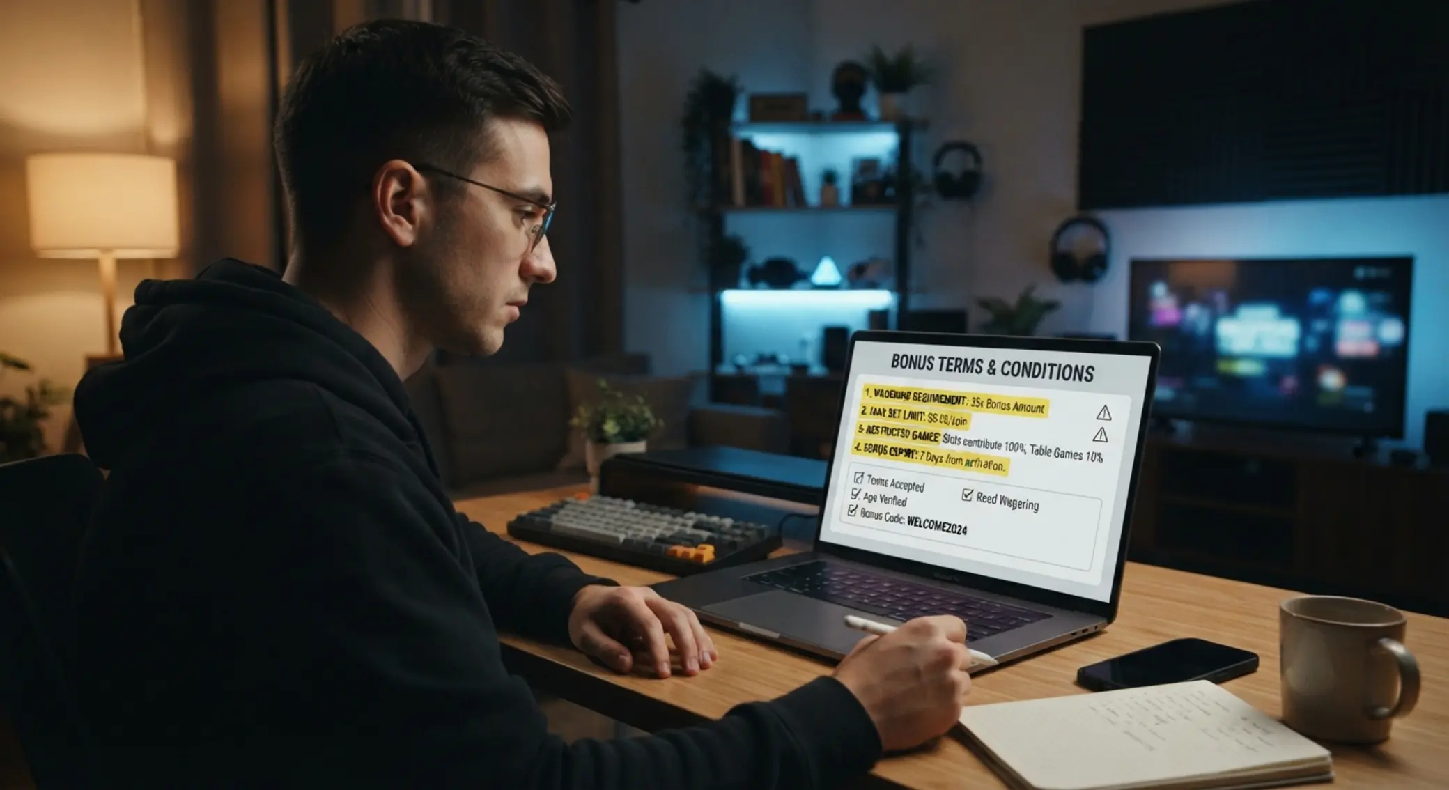 Podmínky bonusu bez vkladu Hráč čte podmínky bonusu na obrazovce notebooku