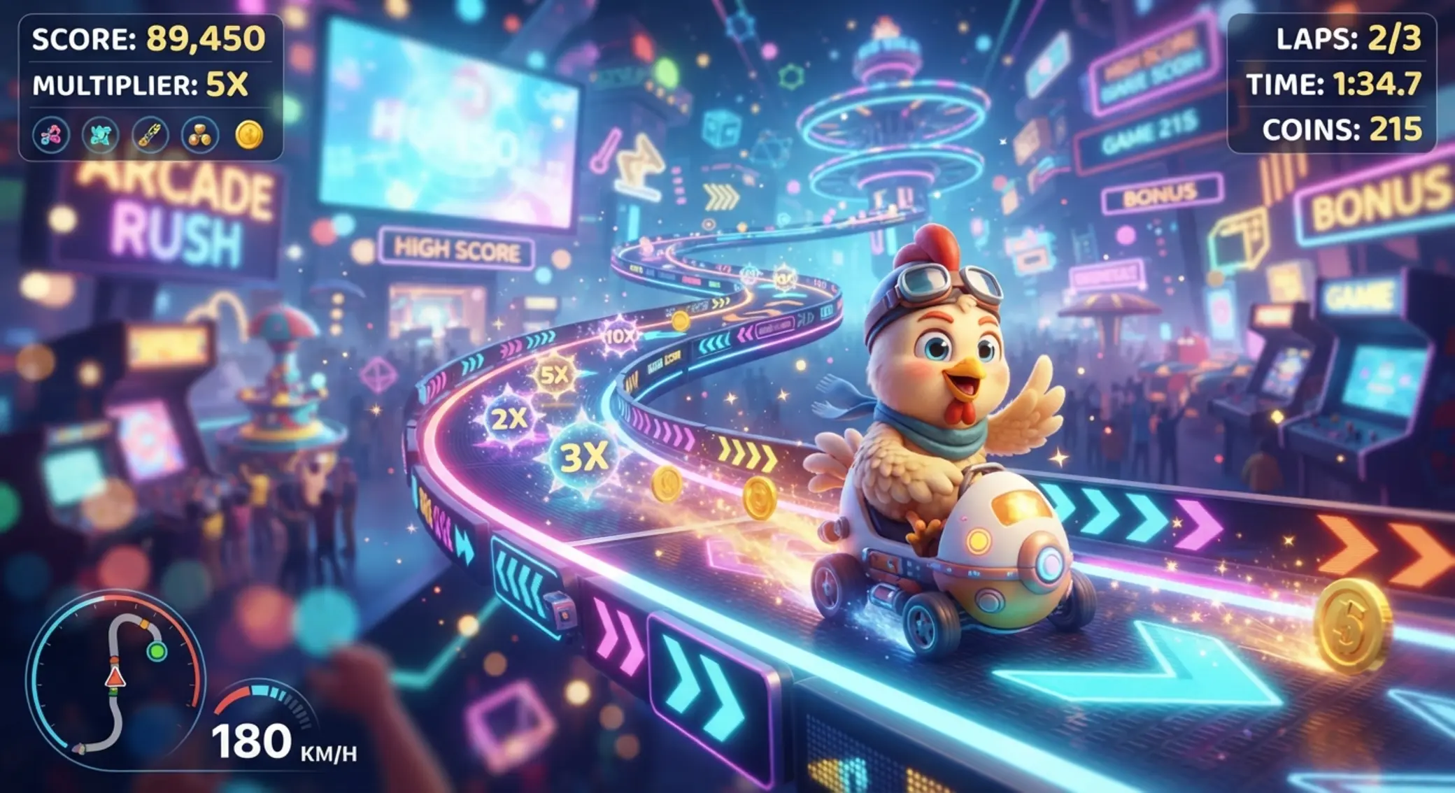 Ilustrace Chicken Game s kuřetem na herní dráze