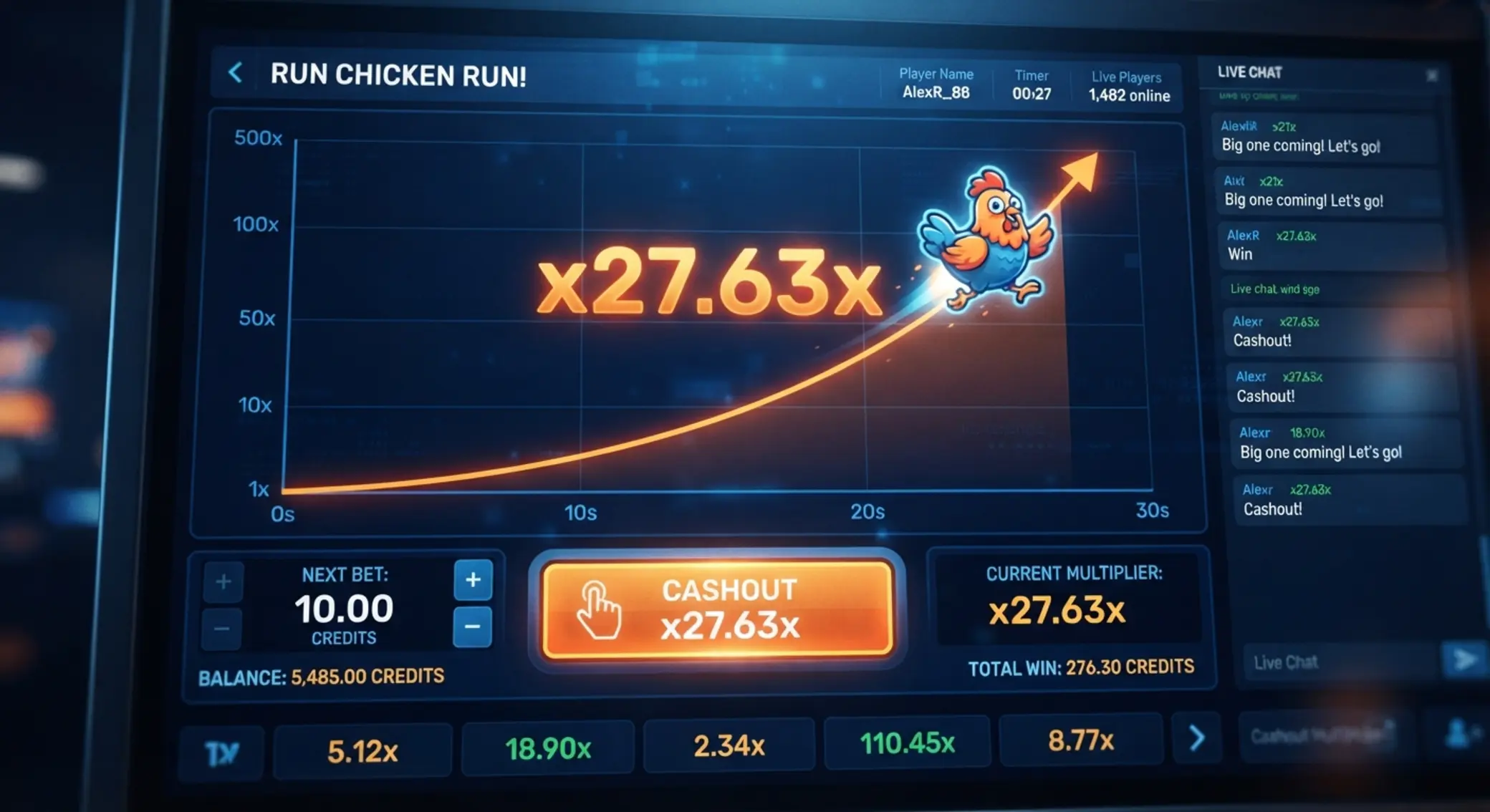 Schéma průběhu Chicken Game s multiplikátorem a cashout tlačítkem