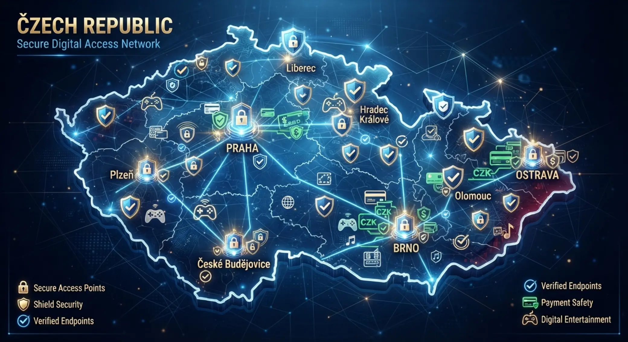Mapa ČR se symboly bezpečných a regulovaných online herních platforem