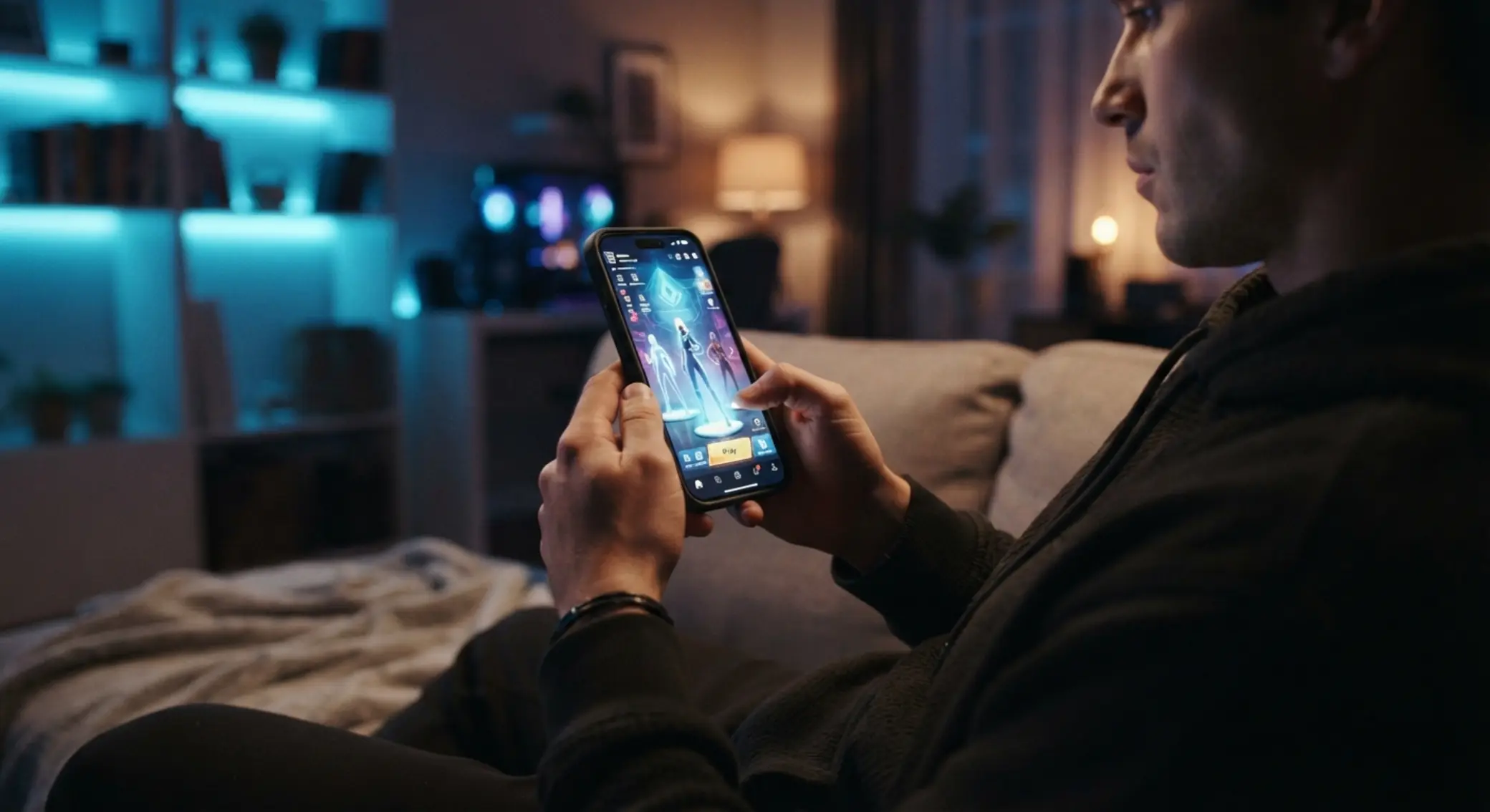 Hráč drží mobil se zobrazenou lobby online herní platformy