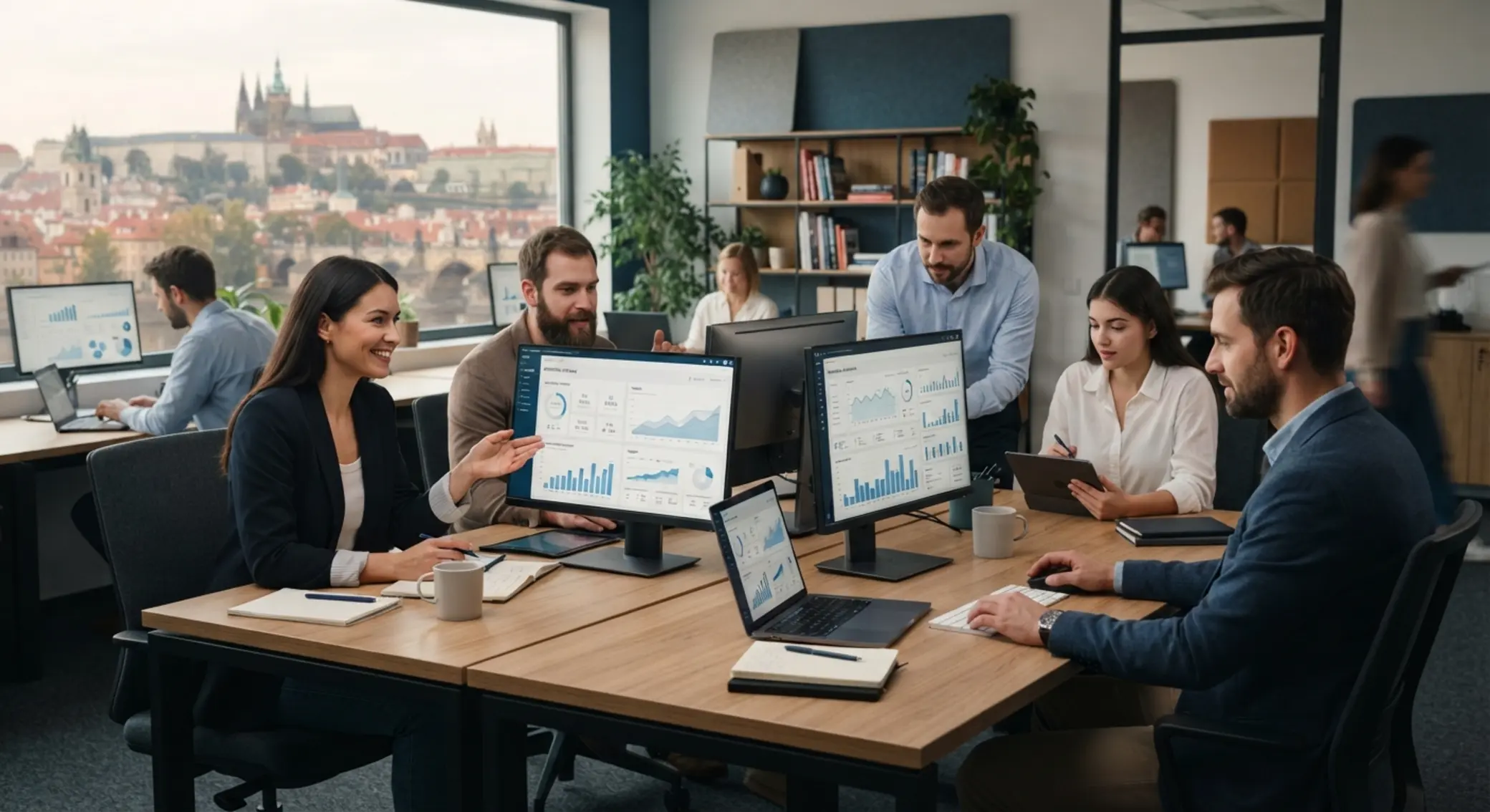 Profesionální tým svet-hub u počítačů v moderním pracovním prostředí