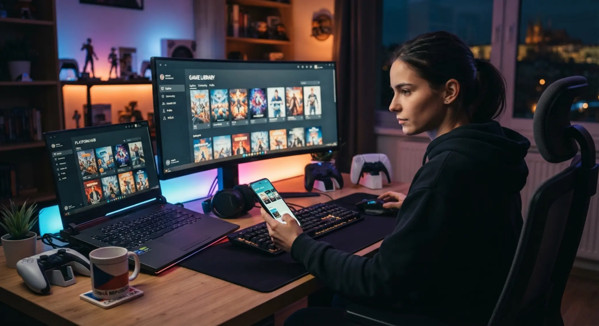 Notebook a mobil s herním lobby při výběru online casina