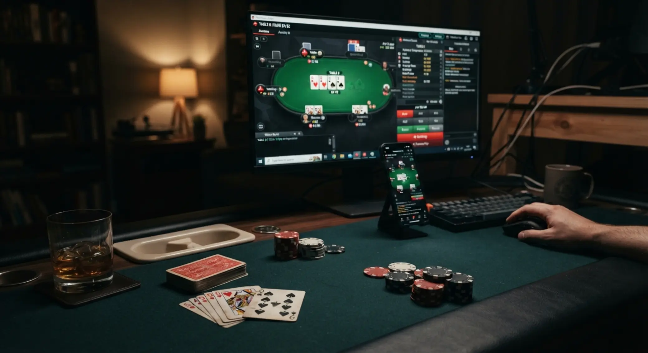 Pokerový stůl s kartami a žetony v online prostředí