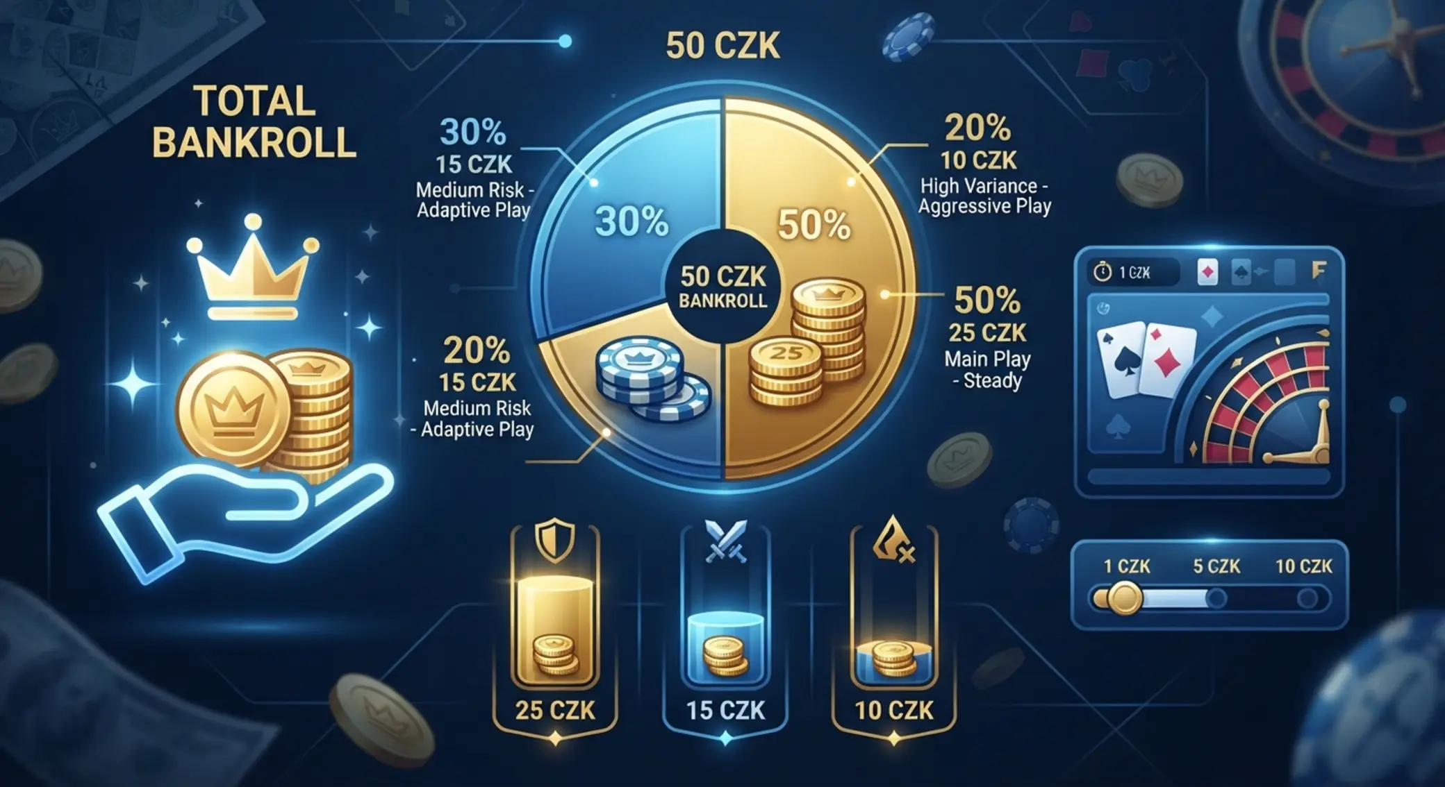 Grafické znázornění rozdělení bankrollu 50 Kč podle stylu hry
