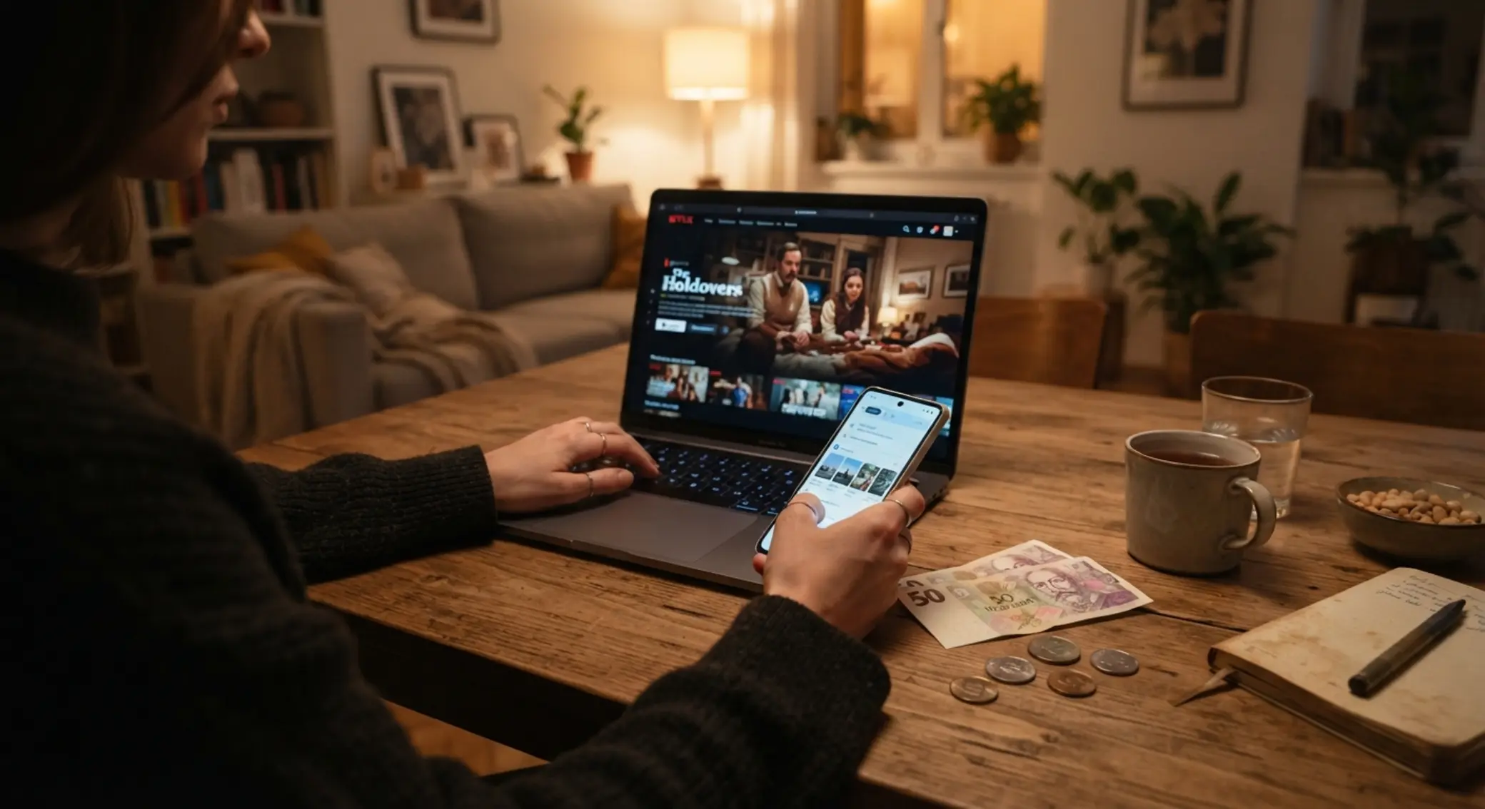 Hráč u notebooku s mobilem a 50 Kč na stole při domácím online hraní