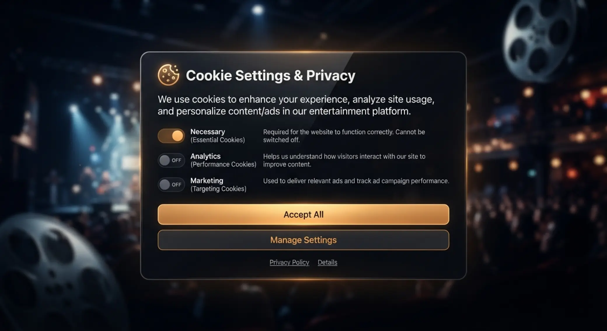 Ilustrační cookie banner s přepínači kategorií cookies na tmavém pozadí