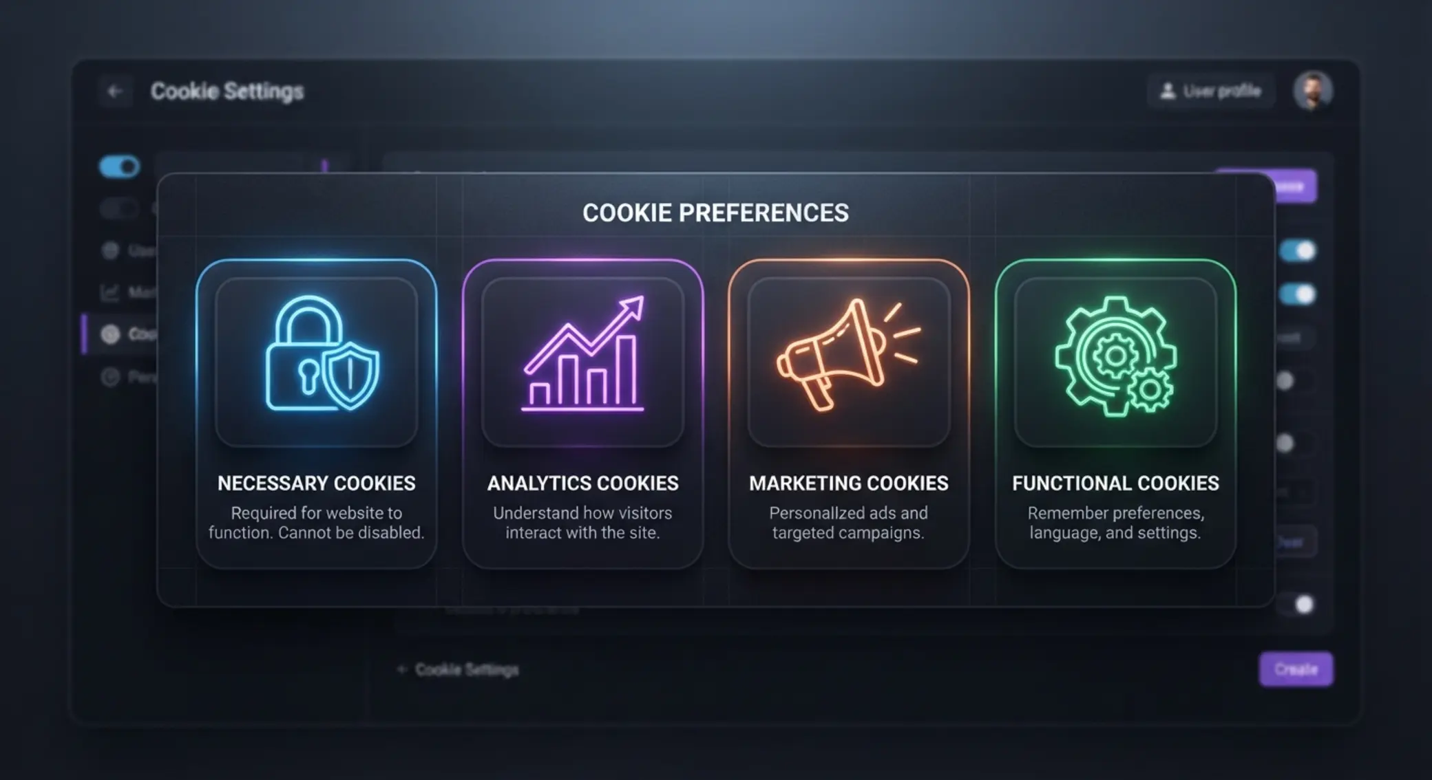 Přehled kategorií cookies s ikonami nezbytné, analytické, marketingové a funkční